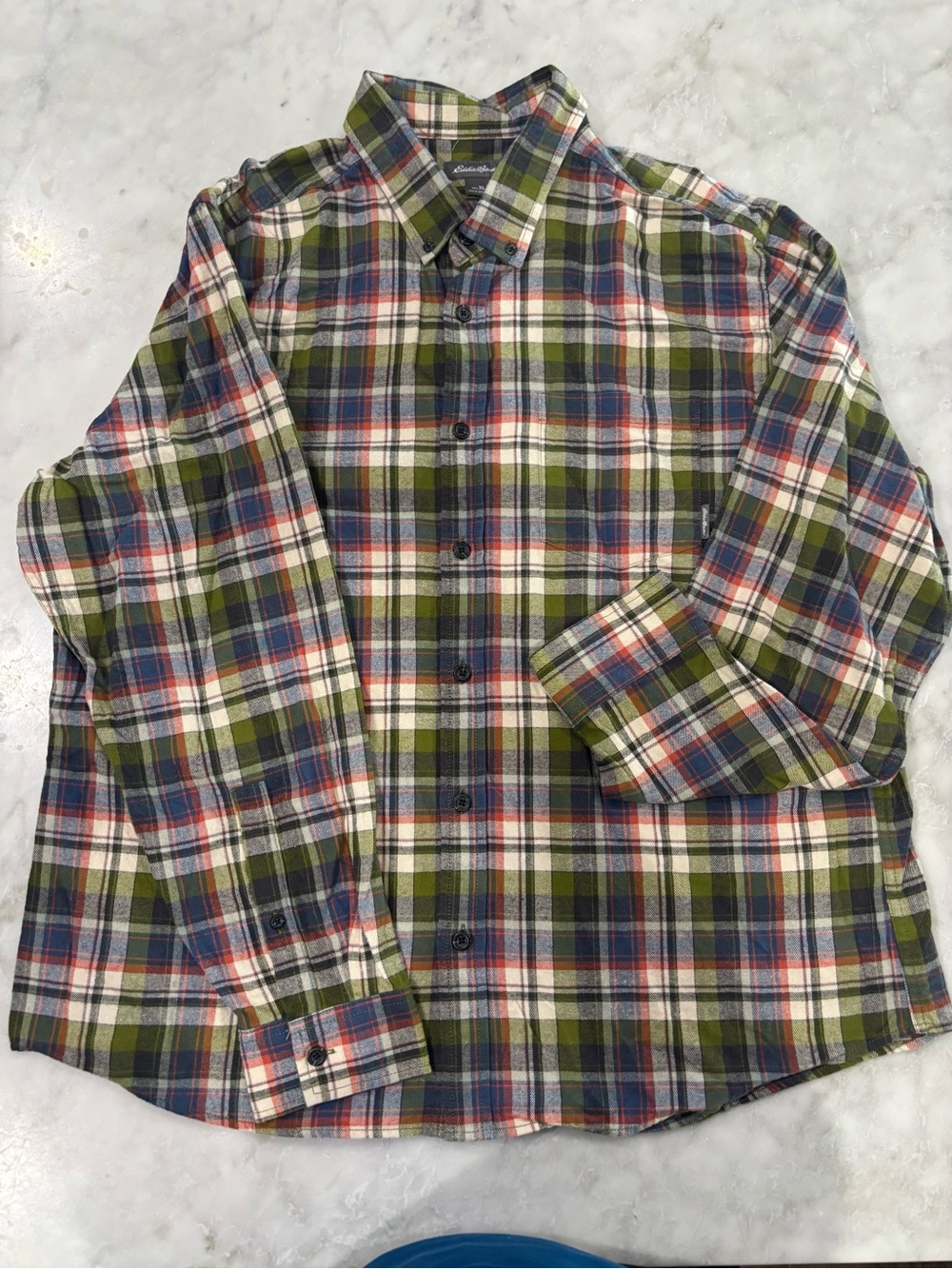 Eddie Bauer Mens XL Cotton Flannel Olive Green Navy Red Plaid Button Up Shirt